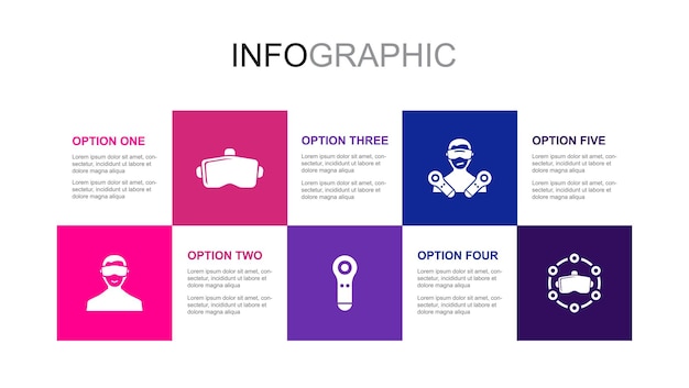 Wirtualna rzeczywistość Kask VR Kontroler VR Gra Ikony platformy VR Infograficzny szablon układu projektu Koncepcja kreatywnej prezentacji z 5 krokami