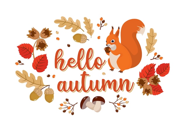 Witam jesienny zestaw: wiewiórka, orzechy laskowe, żołędzie, liście, grzyby.