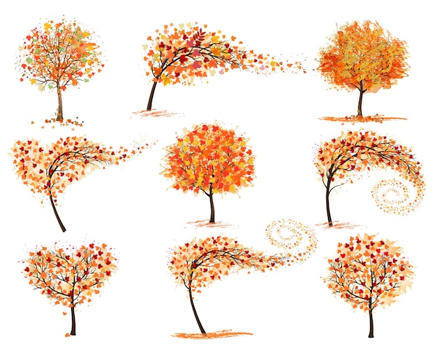 Plik wektorowy witam złotą jesień zestaw inspirowanych jesienią drzew z kolorowymi liśćmi ilustracji wektorowych