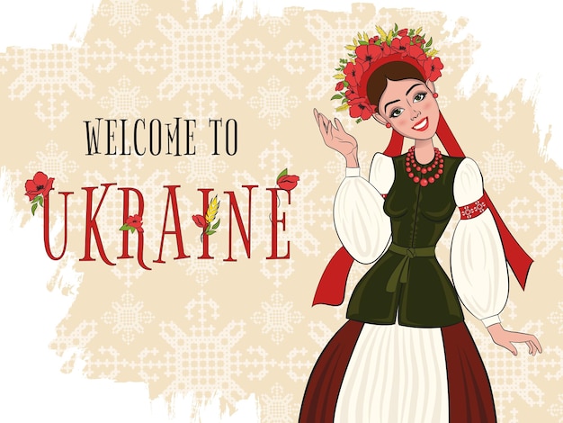 Witamy na banerze Ukrainy z Ukrainką w stroju narodowym w tle haftu narodowego