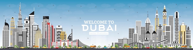 Plik wektorowy witamy w dubaju zea skyline z szarymi budynkami i błękitnym niebem. ilustracja wektorowa. podróże służbowe i koncepcja turystyki z nowoczesną architekturą. gród dubaju z zabytkami.