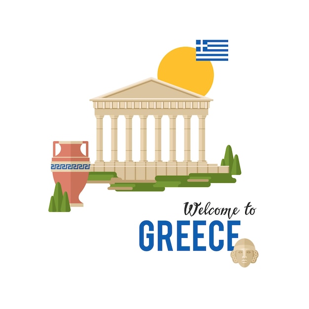 Witamy w Grecji ilustracji wektorowych transparentu z tradycyjną grecką architekturą i flagą