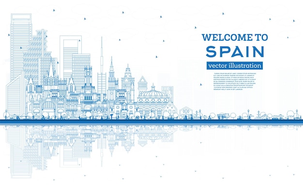 Witamy W Hiszpanii Zarys Panoramy Miasta Z Niebieskimi Budynkami I Refleksjami Architektura Historyczna Hiszpania Pejzaż Miejski Z Zabytkami