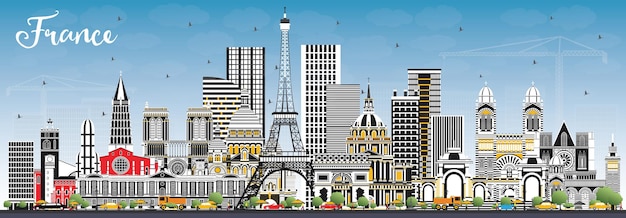 Witamy We France Skyline Z Szarymi Budynkami I Błękitnym Niebem. Ilustracja Wektorowa. Koncepcja Turystyki Z Zabytkową Architekturą. Francja Gród Z Zabytkami. Tuluza. Paryż. Lyon. Marsylia.