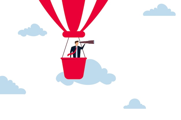 Plik wektorowy wizja biznesowa biznesmen latający wysoko w balonie z teleskopem, aby przejrzeć wizję firmy