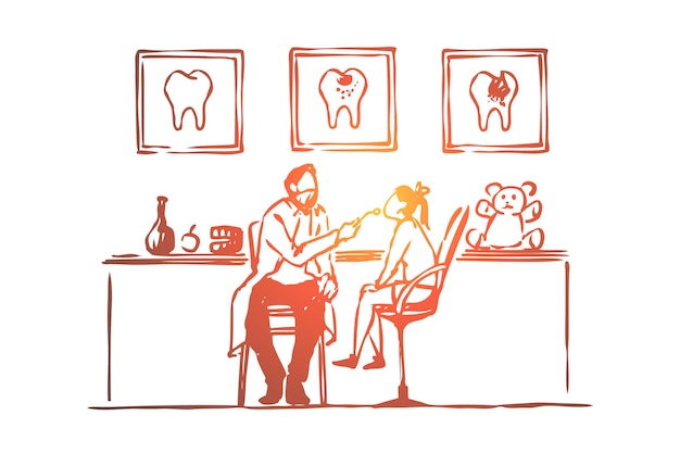 Wizyta U Dentysty, Dziewczynka Siedzi Na Krześle, Ilustracja Badania Zębów