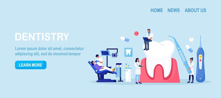 Wektor wizyta u dentysty stomatologia przeglądy stomatologiczne zabiegi pielęgnacyjne zębów wybielanie i profesjonalne czyszczenie stomatologia estetyczna lekarz dentysta w mundurze leczący ząb za pomocą sprzętu medycznego