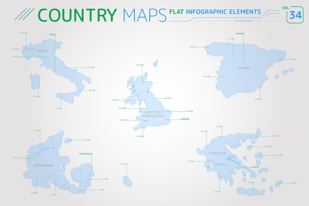 Włochy grecja hiszpania wielka brytania i dania mapy wektorowe