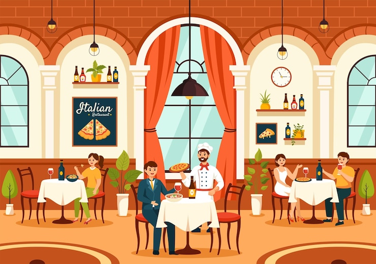 Wektor włoska restauracja lub kawiarnia ilustracja z tradycyjnymi włoskimi potrawami pizza lub makaron