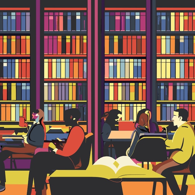 Wnętrze Biblioteki Z Uczniami Czytającymi Ilustrację Wektorową