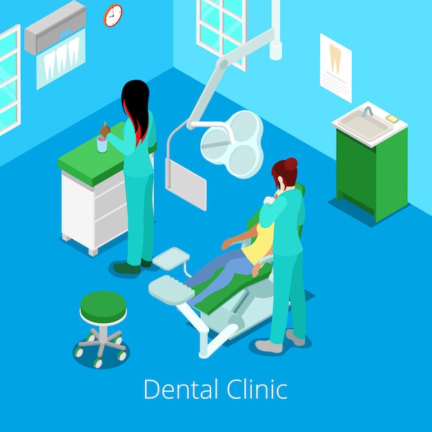 Wnętrze gabinetu izometryczny dentysta z pacjentem i lekarzem.