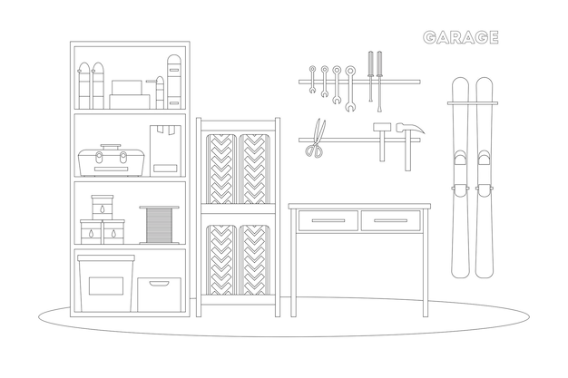 Plik wektorowy wnętrze garażu płaskiej linii. miejsce pracy z narzędziami w magazynie. garaż wewnątrz. narzędzia, narzędzia dla pracowników, opony, hummer, pudełka, półki, narty, stół w garażu. ilustracja wektorowa garażu wnętrza.