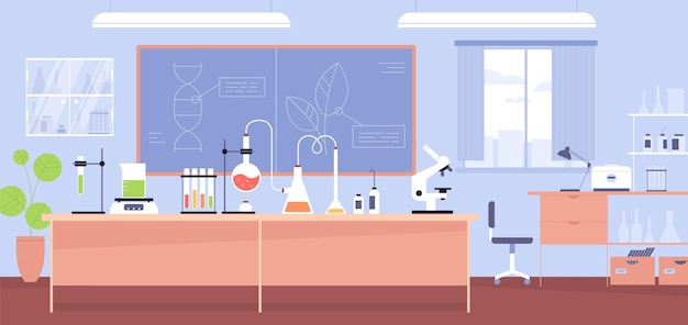 Wnętrze laboratorium chemicznego z meblami, mikroskopem, kolbami i probówkami. Eksperyment w klasie chemii w szkole. Ilustracja wektorowa kolorowy płaski kreskówka pokój badań z wyposażeniem.