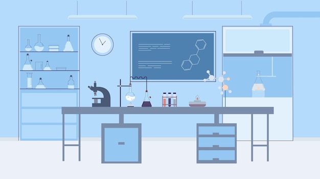 Wnętrze laboratorium Medyczny pokój badawczy Farmakologia lub laboratorium farmaceutyczne z sprzętem Wektor szpital lub uniwersytet naukowy ilustracja wewnętrzna