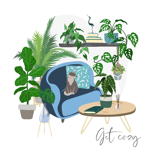 Plik wektorowy wnętrze pokoju scandi z roślinami i niebieskim krzesłem, ręcznie rysowane płaskie ilustracja
