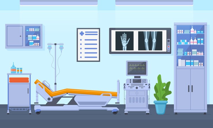Wektor wnętrze pokoju sprzęt medyczny szpitala opieki zdrowotnej. pokój do intensywnej terapii, ilustracja wektorowa wnętrza kliniki. wnętrze szpitalnej izby przyjęć