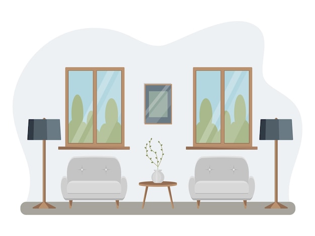 Wnętrze salonu z meblami. Płaski styl kreskówki. Ilustracja wektorowa