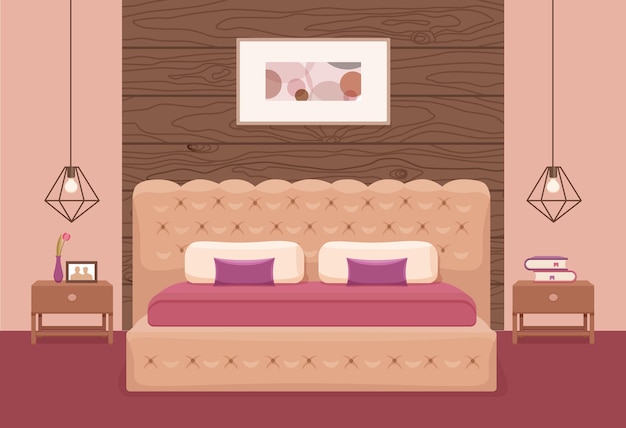 Plik wektorowy wnętrze sypialni. kolorowa ilustracja hotelowego apartamentu meble łóżko, stolik nocny, lampa, roślina domowa.