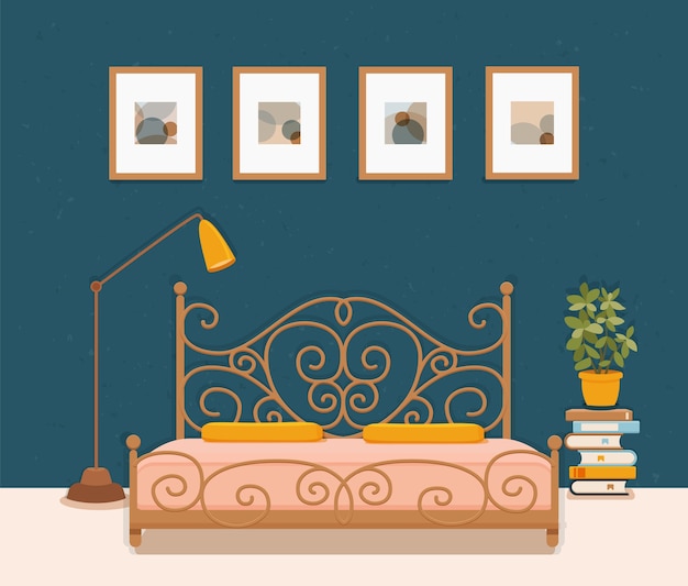 Wnętrze Sypialni. Kolorowa Ilustracja Hotelowego Apartamentu Meble łóżko, Stolik Nocny, Lampa, Roślina Domowa.