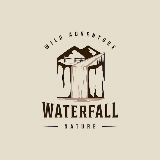 Plik wektorowy wodospad logo wektor vintage ilustracja szablon ikona projekt graficzny poznaj znak natury lub symbol podróży lub zaprojektuj nadruk na koszulę z koncepcją stylu retro typografii