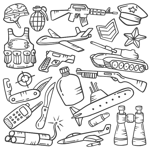 Wojskowe doodle ręcznie rysowane kolekcje zestawów z ilustracją wektorową w stylu czarno-białym konspektu