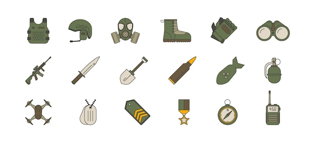Plik wektorowy wojskowe i wojskowe zielone płaskie ikony zestaw ikona wojny amunicja odizolowany symbol ilustracji wektorowych