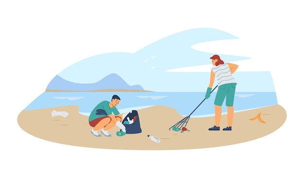 Wolontariusze Czyszczą Plażę Podczas Ilustracji Wektorowych Zdarzeń środowiskowych Na Białym Tle