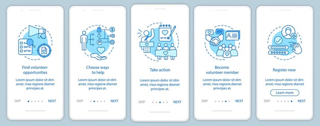 Wolontariusze odnajdujący ekran strony aplikacji mobilnej do wprowadzania z liniowymi koncepcjami. Pomoc humanitarna. Program wolontariatu krok po kroku instrukcje graficzne. Szablon wektorowy UX, UI, GUI z ilustracjami