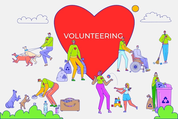 Wolontariusze Pomagają Ludziom Koncepcyjnie Styl Linii Dobrowolnej Darowizny Projekt Wektor Stylu Kreskówki