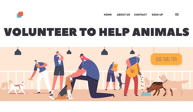 Plik wektorowy wolontariusze pomagają zwierzętom szablon landing page schronisko centrum rehabilitacji lub adopcji dla bezdomnych zwierząt