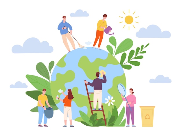 Plik wektorowy wolontariusze sprzątający kulę ziemską aktywiści ekologiczni czyszczą wolontariuszy z zielonej planety pomagając dbać o naturę ziemi światowy dzień ratować roślinę środowiskową eko współpracę ilustracji wektorowych