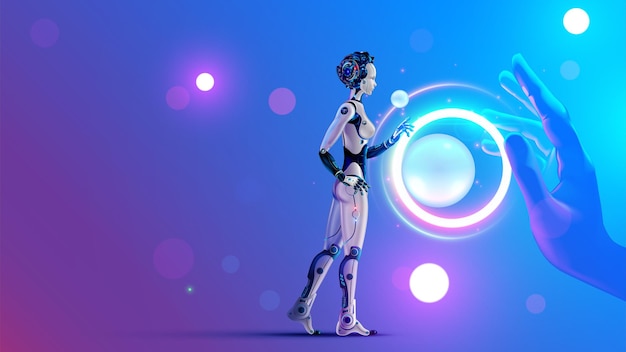 Woman robot cyborg with AI analysis big data AI or artificial intelligence learning concept AI technology Computer neural network training in image of female robot Machine Deep learning AI Robot