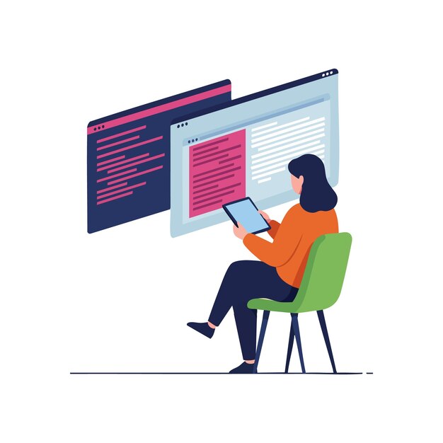 Woman Working on Computer Coding and Programming with Tablet in Modern Workspace Vector Illustration