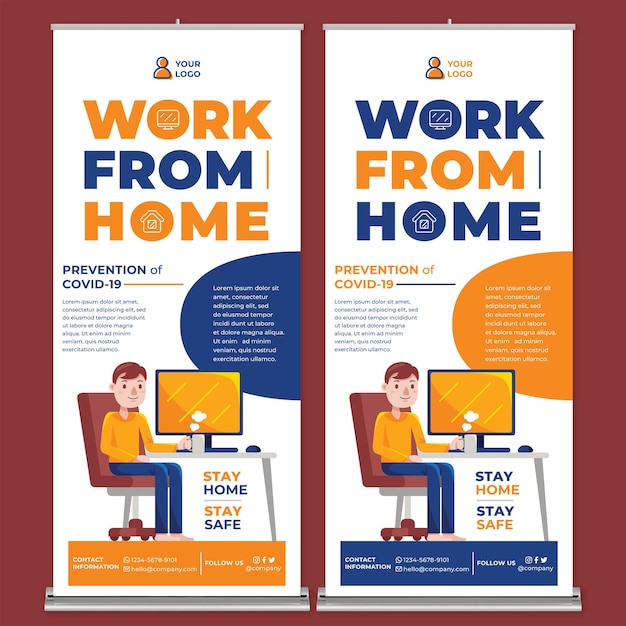 Work From Home Promotion Roll Up Banner Print Template W Flat Design Style