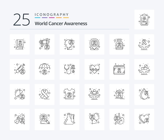 World Cancer Awareness 25 Line Icon Pack, W Tym Pigułki Butelka Szpitala Medycznego Choroby Mózgu