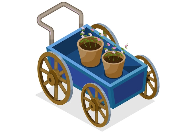 Plik wektorowy wózek na kwiaty, izometryczny, wózki ogrodowe z doniczkami