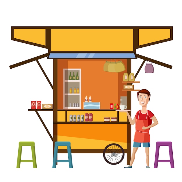 Wózek Z Jedzeniem Ulicznym Warung Ze Sprzedawcą Man Cafe Restauracja Mały Rodzinny Biznes, Sklep Sklepowy