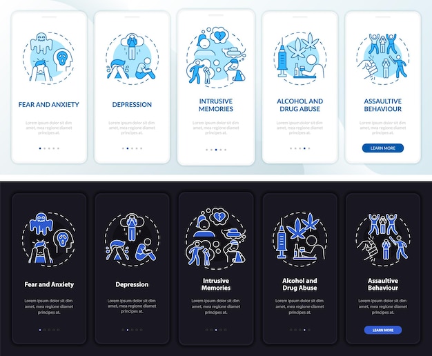 Wpływ nienawiści na ekran strony aplikacji mobilnej. Przewodnik po strachu i niepokoju 5 kroków graficznych instrukcji z koncepcjami. Szablon wektorowy UI, UX, GUI z liniowymi ilustracjami w trybie nocnym i dziennym