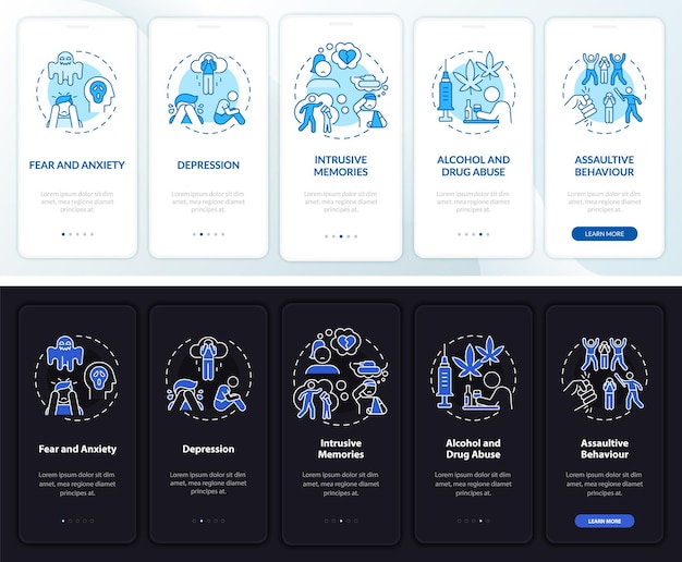 Wpływ Nienawiści Na Ekran Strony Aplikacji Mobilnej. Przewodnik Po Strachu I Niepokoju 5 Kroków Graficznych Instrukcji Z Koncepcjami. Szablon Wektorowy Ui, Ux, Gui Z Liniowymi Ilustracjami W Trybie Nocnym I Dziennym