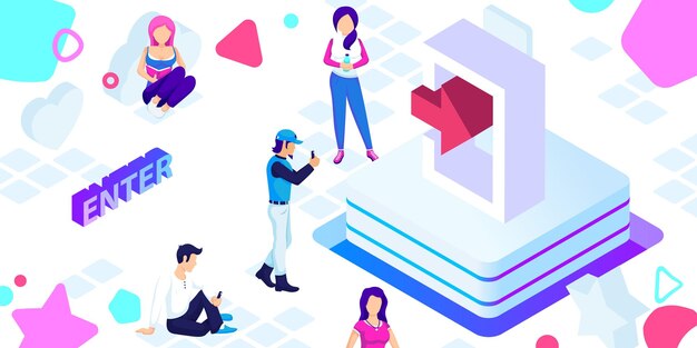 Wprowadź ikonę projektu izometrycznego Wektorowa ilustracja internetowa 3d kolorowa koncepcja