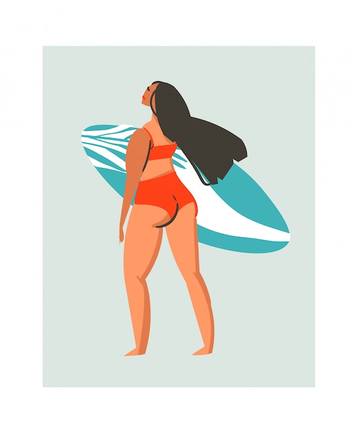 Wręcza Patroszoną Abstrakcjonistyczną śliczną Lato Czasu Plaży Surfingowa Dziewczyny Ilustrację Z Czerwonym Swimwear I Surfboard Na Błękitnym Tle.