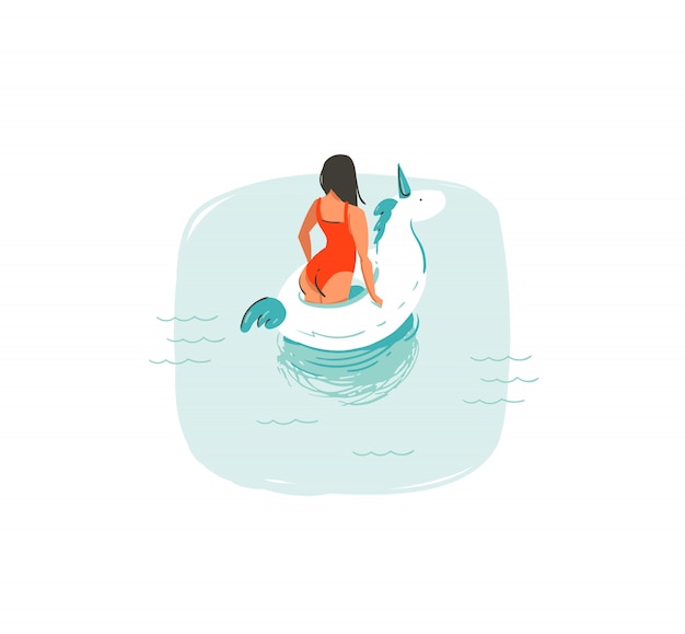 Wręcza Patroszone Abstrakcjonistyczne Kreskówki Lata Czasu Zabawy Ilustracje Z Pływacką Dziewczyną Odizolowywającą Na Białym Tle
