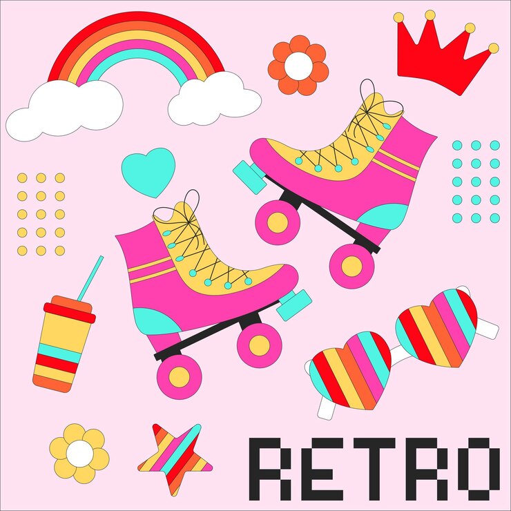 Wektor wrotki w stylu retro. zestaw elementów retro. klasyczne elementy z lat 80. i 90. w nowoczesnym stylu płaskiej linii.