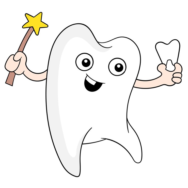 Wróżka niesie magiczną różdżkę, pokazując zdrowe zęby, ilustracji wektorowych sztuki. doodle ikona obrazu kawaii.
