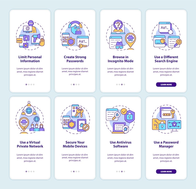 Wskazówki Dotyczące Ochrony Prywatności Online Ustawiają Ekran Startowy Aplikacji Mobilnej. Przewodnik Po Bezpiecznych Danych W Ośmiu Krokach, Instrukcje Graficzne Z Koncepcjami. Szablon Wektorowy Ui, Ux, Gui Z Liniowymi Kolorowymi Ilustracjami