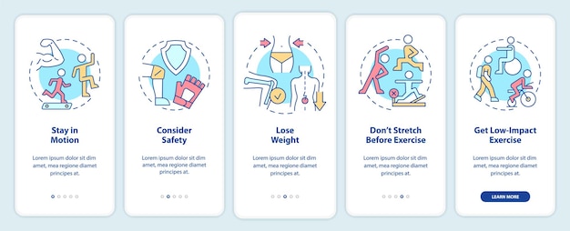 Wskazówki dotyczące zdrowych stawów Wdrażanie ekranu aplikacji mobilnej Pozostań w ruchu Instrukcja 5 kroków z instrukcjami graficznymi Strony z liniowymi koncepcjami Szablon UI UX GUI Myriad ProBold Użyte zwykłe czcionki