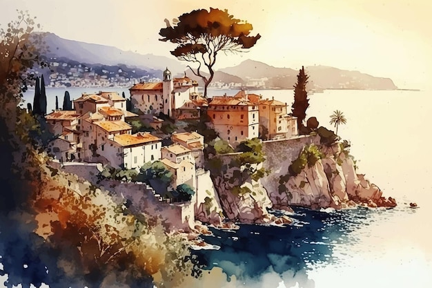 Wspaniałe malarstwo pejzażowe z nadmorską sylwetką miasta, odbiciem wody, morzem, pięknym wschodem słońca