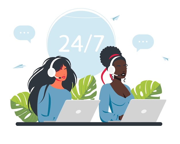 Wsparcie klienta, call center, operator infolinii, konsultant manager, wsparcie techniczne, obsługa klienta. Bezproblemowa i spersonalizowana obsługa, koncepcja obsługi klienta. Ilustracja wektorowa