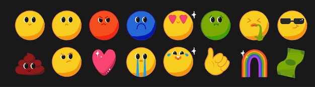 Współczesna kolekcja emoji. Zestaw z twarzami i przedmiotami w stylu grunge