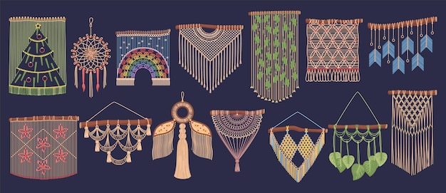 Współczesny dekor makramowy Wzorcowane osłony ścienne wykonane z strun w stylu skandynawskim, ręcznie wykonane ozdoby tkania liny, łapacz snów, dekoracje pletowane Boho, najnowszy zestaw wektorowy